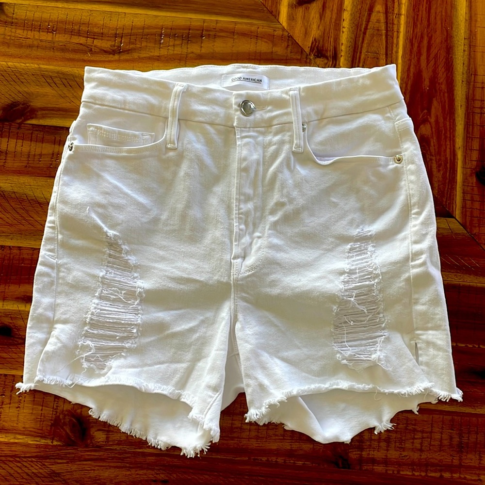 Good American Distressed White Denim Shorts